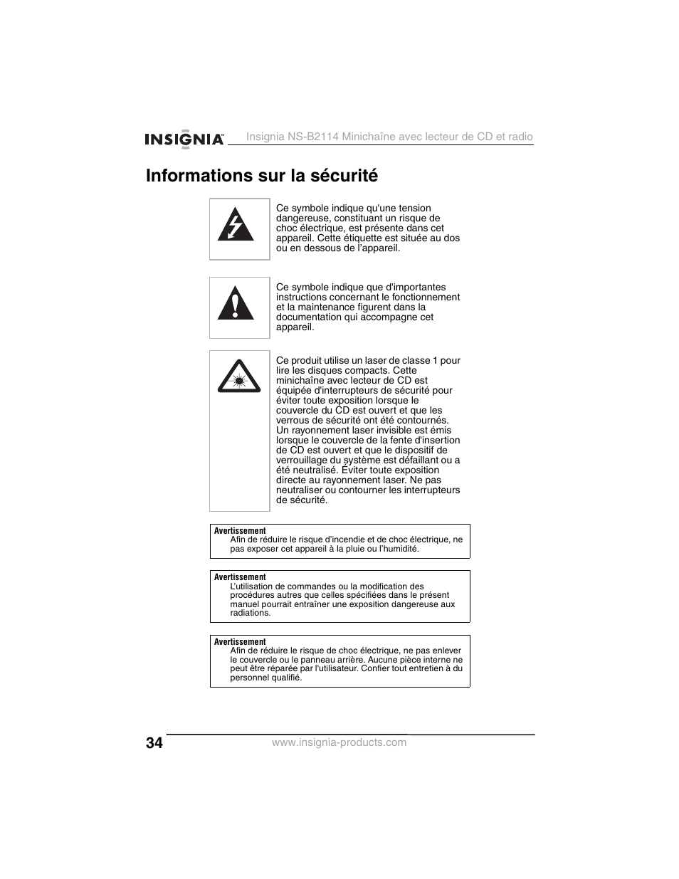 Informations sur la sécurité | Insignia NS-B2114 User Manual | Page 34 / 98