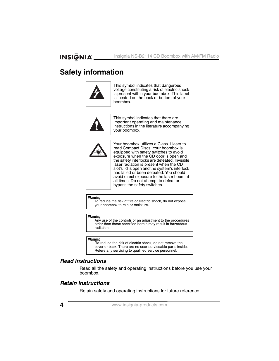 Safety information, Read instructions, Retain instructions | Insignia NS-B2114 User Manual | Page 4 / 98