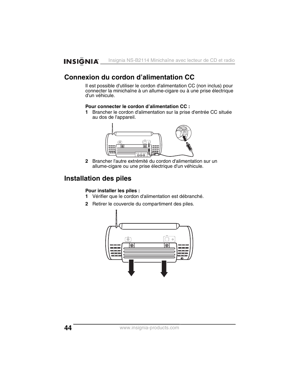 Connexion du cordon d’alimentation cc, Installation des piles | Insignia NS-B2114 User Manual | Page 44 / 98
