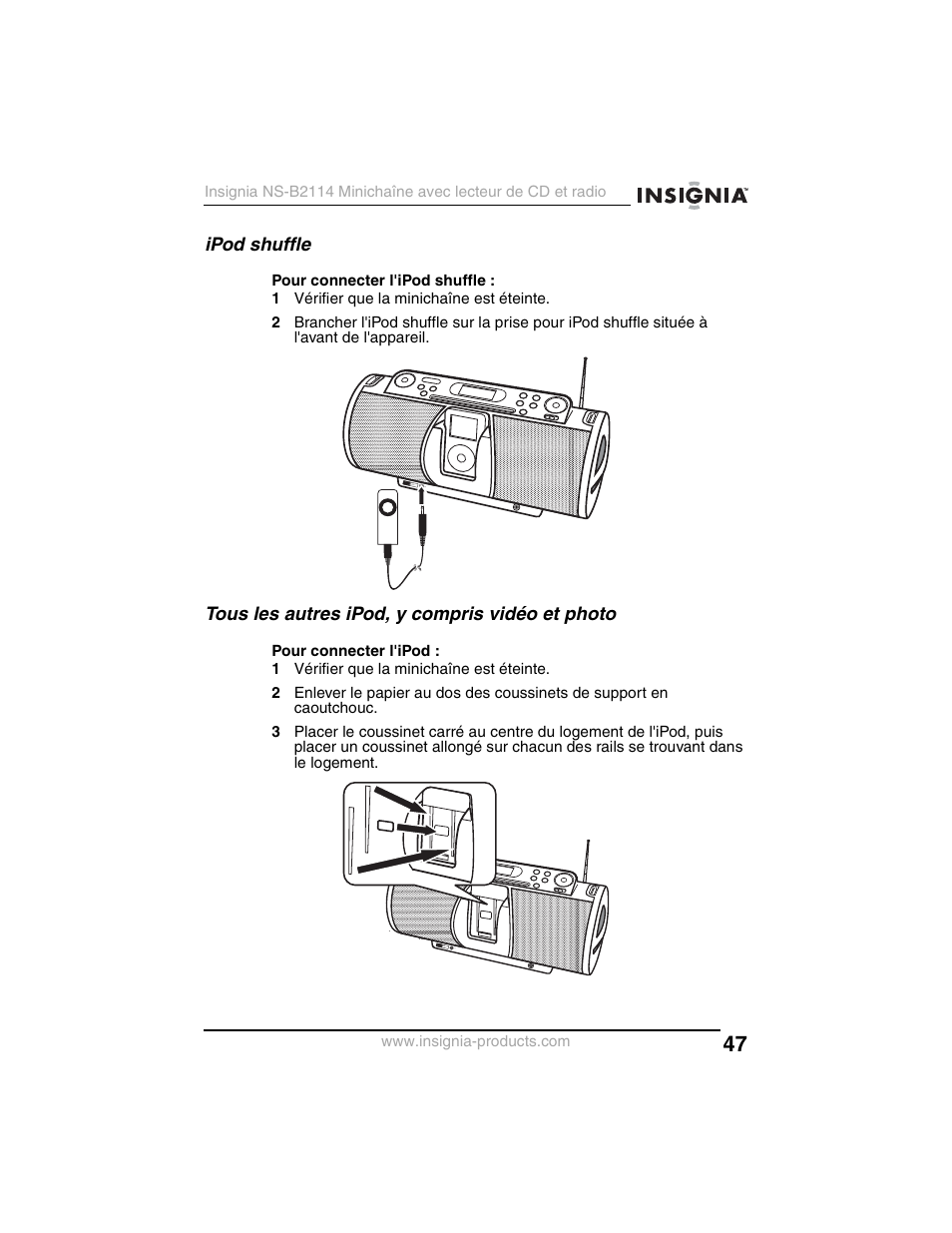 Ipod shuffle, Tous les autres ipod, y compris vidéo et photo | Insignia NS-B2114 User Manual | Page 47 / 98
