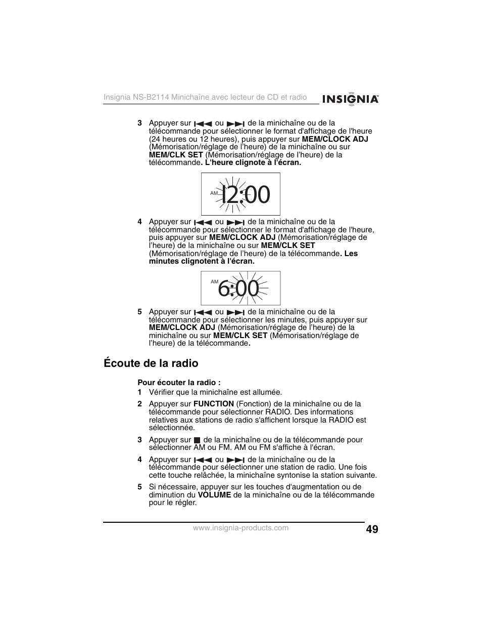 I2:00, Écoute de la radio | Insignia NS-B2114 User Manual | Page 49 / 98