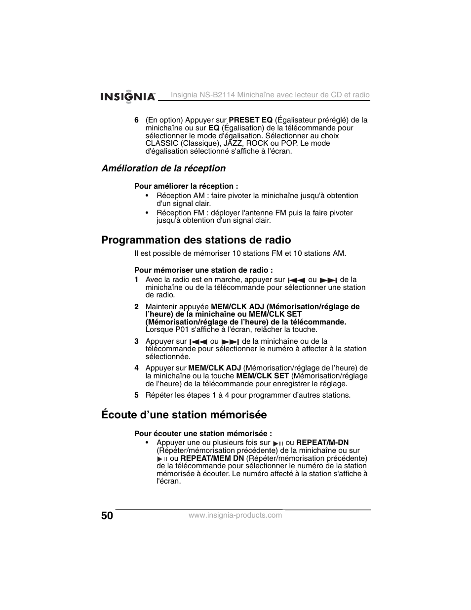 Programmation des stations de radio, Écoute d’une station mémorisée | Insignia NS-B2114 User Manual | Page 50 / 98