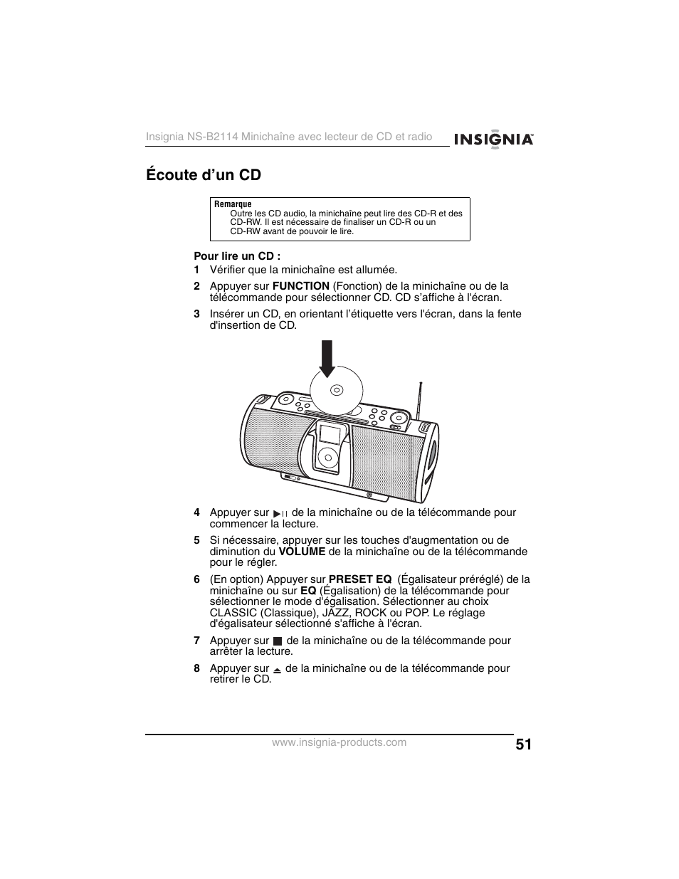 Écoute d’un cd | Insignia NS-B2114 User Manual | Page 51 / 98