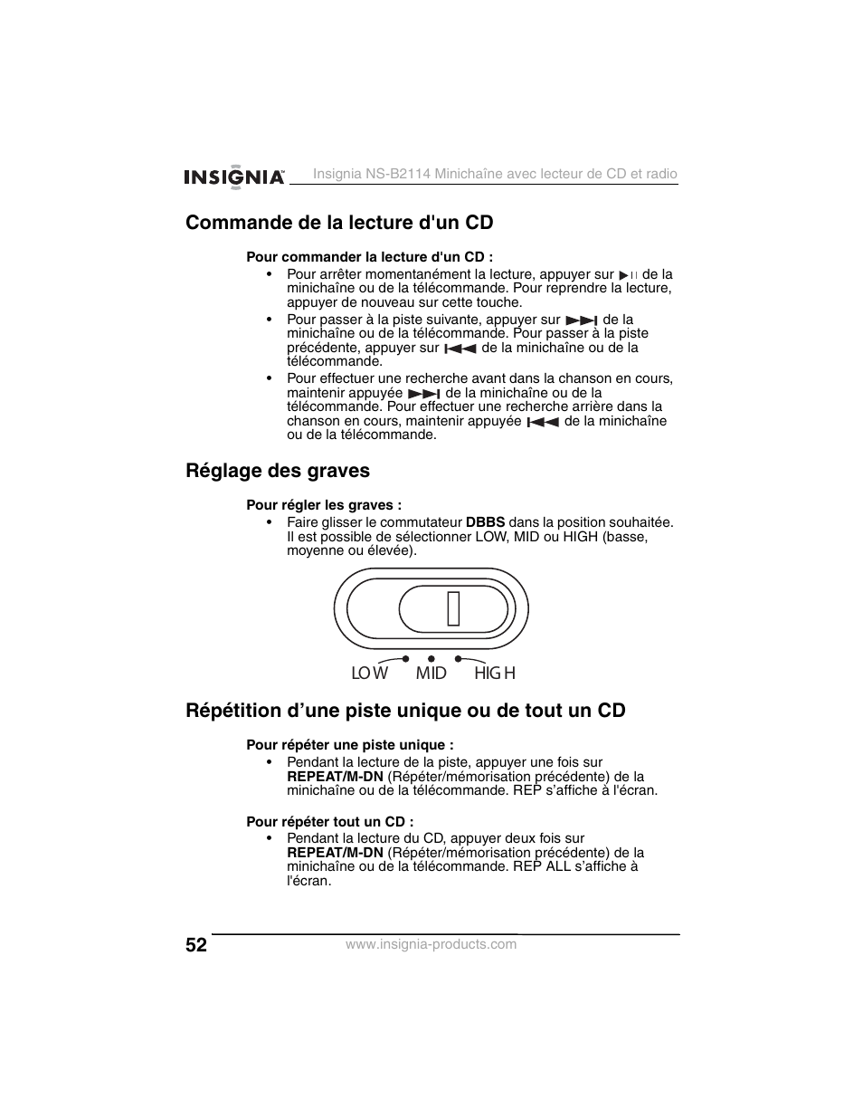 Commande de la lecture d'un cd, Réglage des graves, Répétition d’une piste unique ou de tout un cd | Low mid hig h | Insignia NS-B2114 User Manual | Page 52 / 98