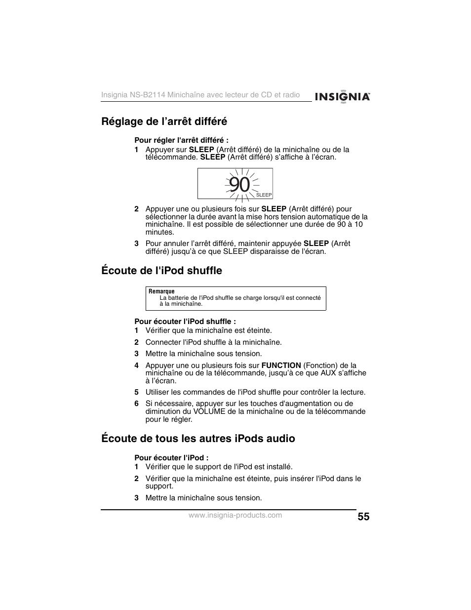 Réglage de l’arrêt différé, Écoute de l'ipod shuffle, Écoute de tous les autres ipods audio | Insignia NS-B2114 User Manual | Page 55 / 98