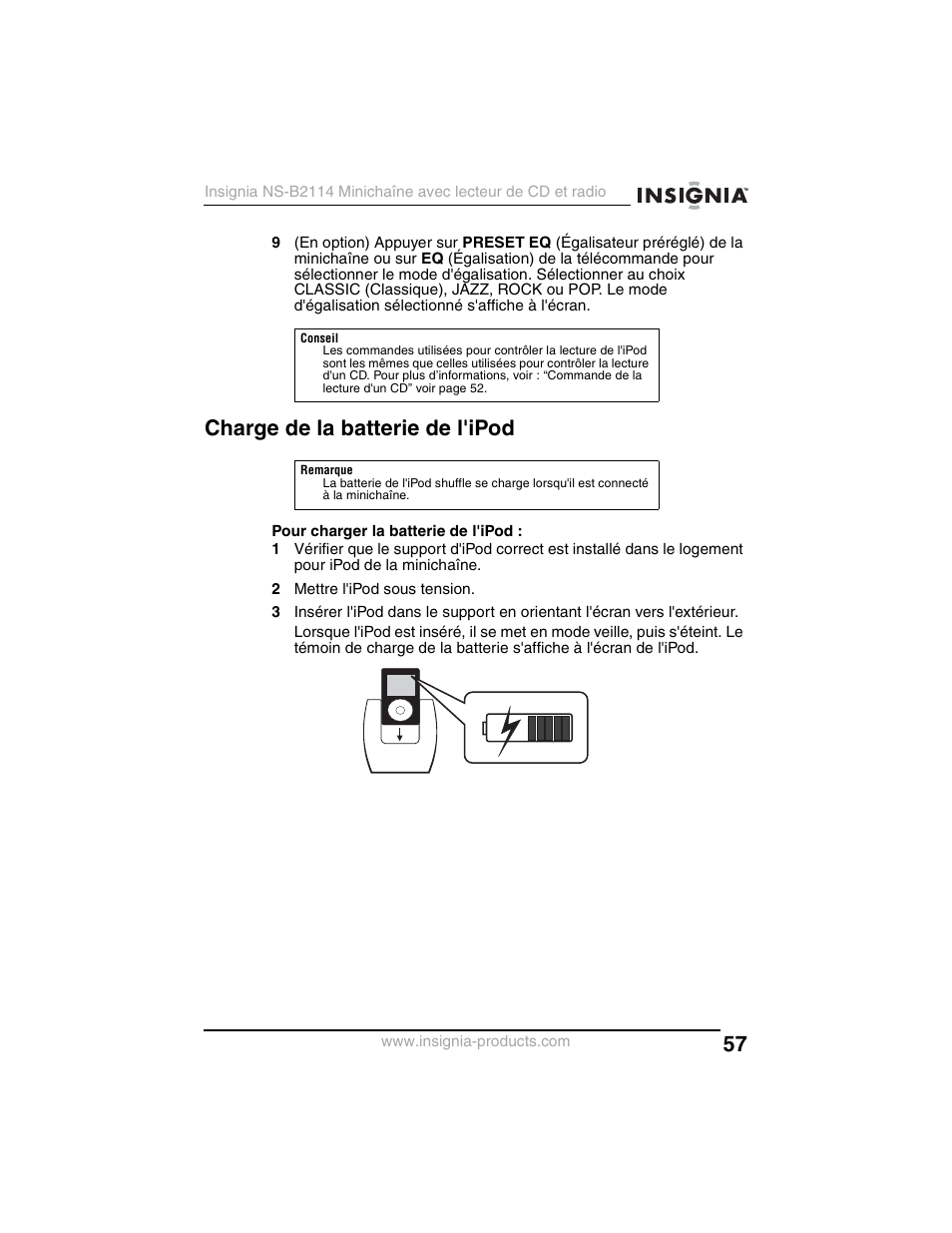 Charge de la batterie de l'ipod | Insignia NS-B2114 User Manual | Page 57 / 98