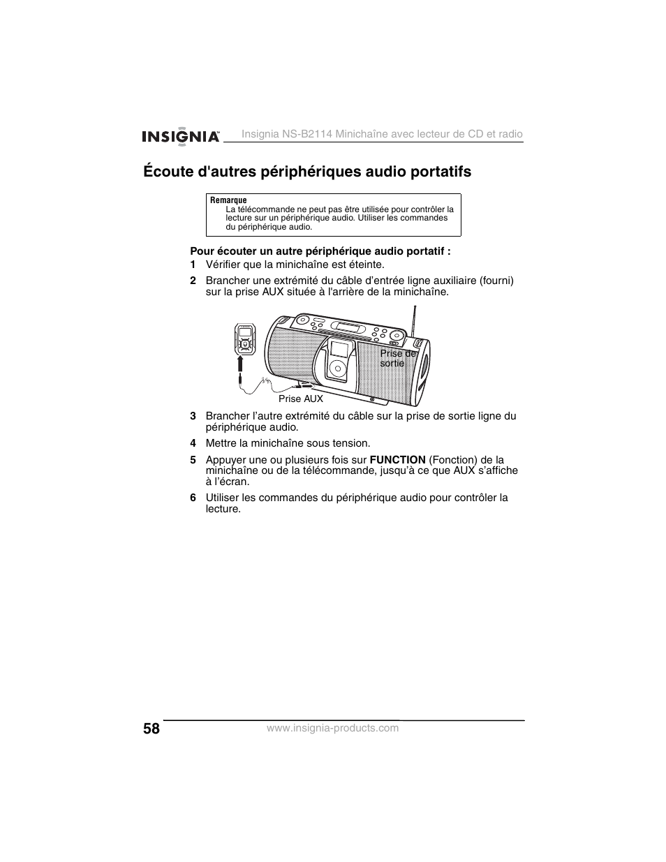 Écoute d'autres périphériques audio portatifs | Insignia NS-B2114 User Manual | Page 58 / 98