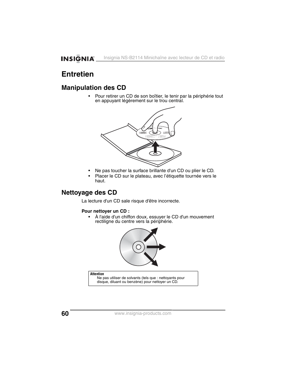 Entretien, Manipulation des cd, Nettoyage des cd | Insignia NS-B2114 User Manual | Page 60 / 98