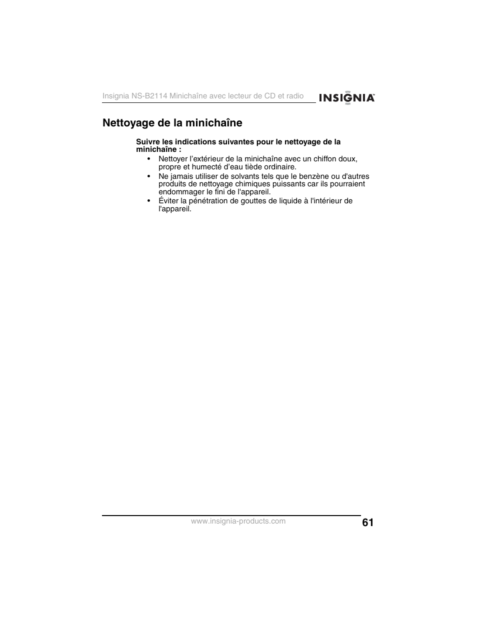 Nettoyage de la minichaîne | Insignia NS-B2114 User Manual | Page 61 / 98