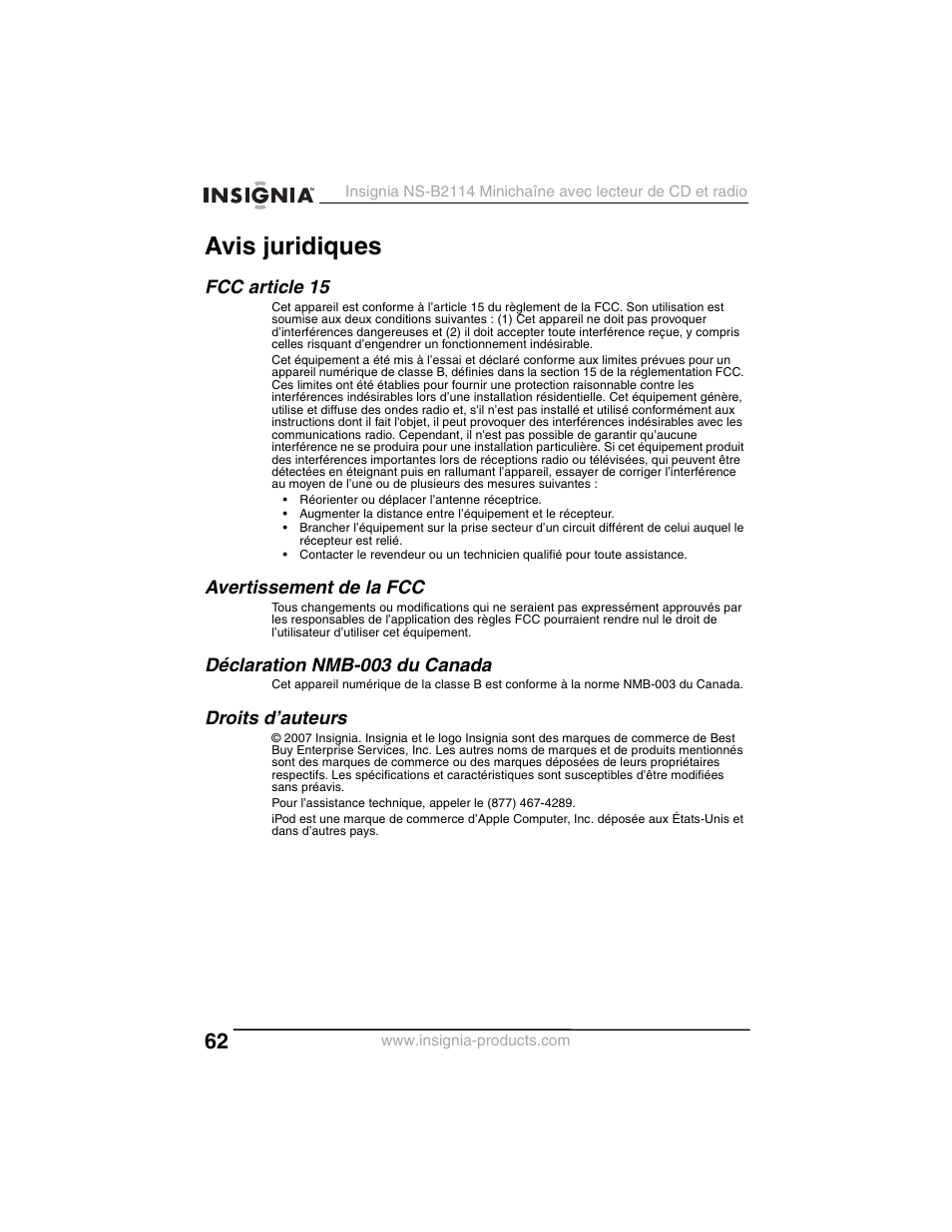 Avis juridiques, Fcc article 15, Avertissement de la fcc | Déclaration nmb-003 du canada, Droits d’auteurs | Insignia NS-B2114 User Manual | Page 62 / 98