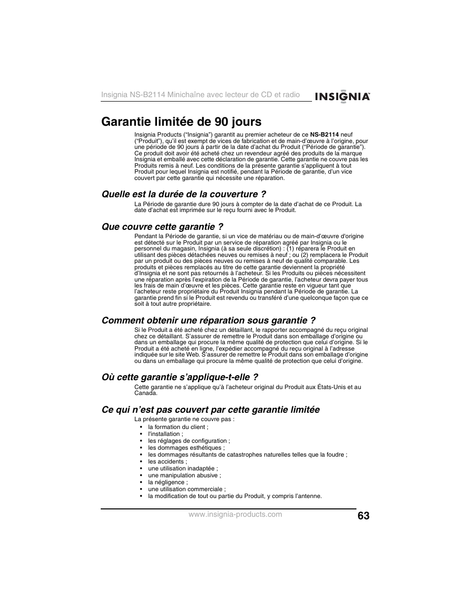 Garantie limitée de 90 jours, Quelle est la durée de la couverture, Que couvre cette garantie | Comment obtenir une réparation sous garantie, Où cette garantie s’applique-t-elle | Insignia NS-B2114 User Manual | Page 63 / 98