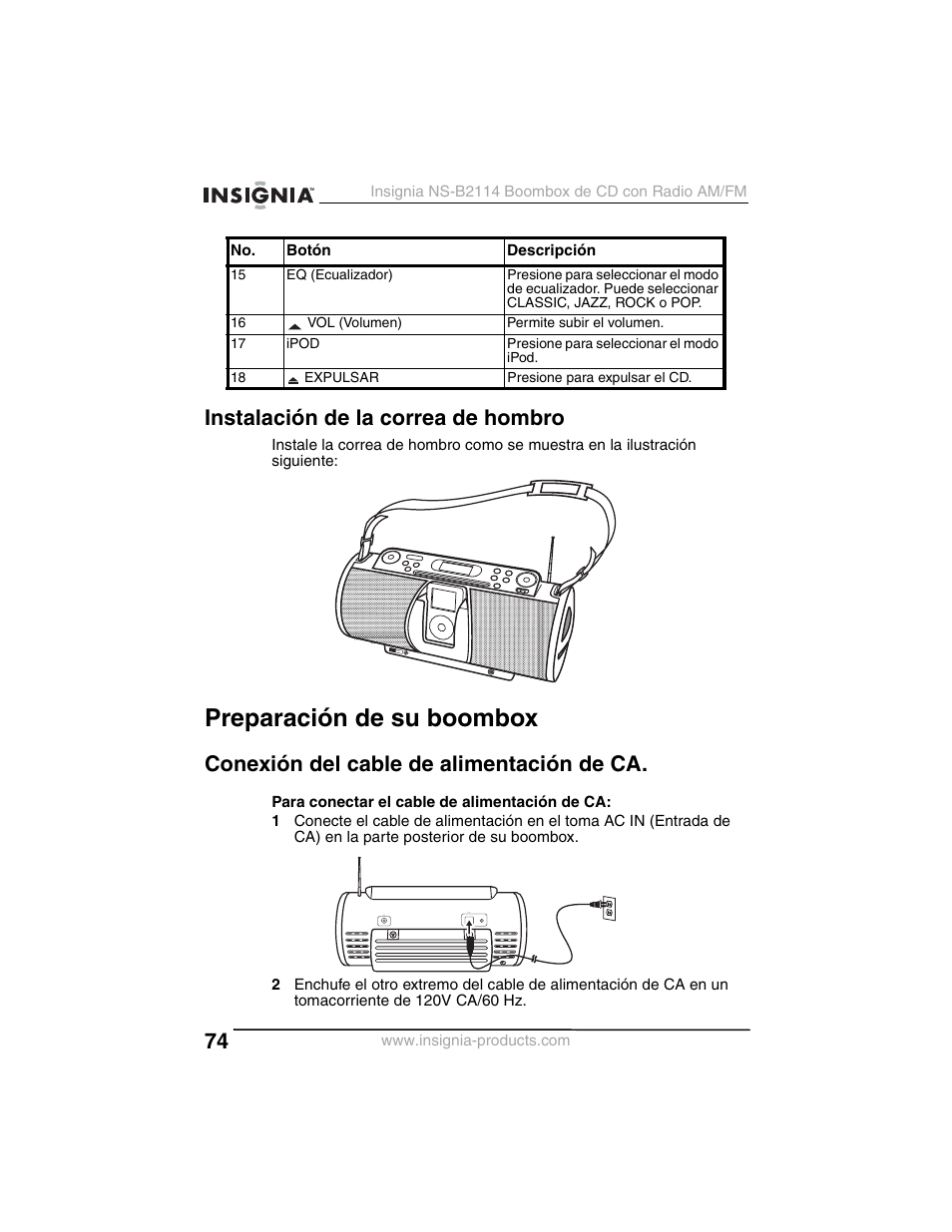 Preparación de su boombox, Instalación de la correa de hombro, Conexión del cable de alimentación de ca | Insignia NS-B2114 User Manual | Page 74 / 98