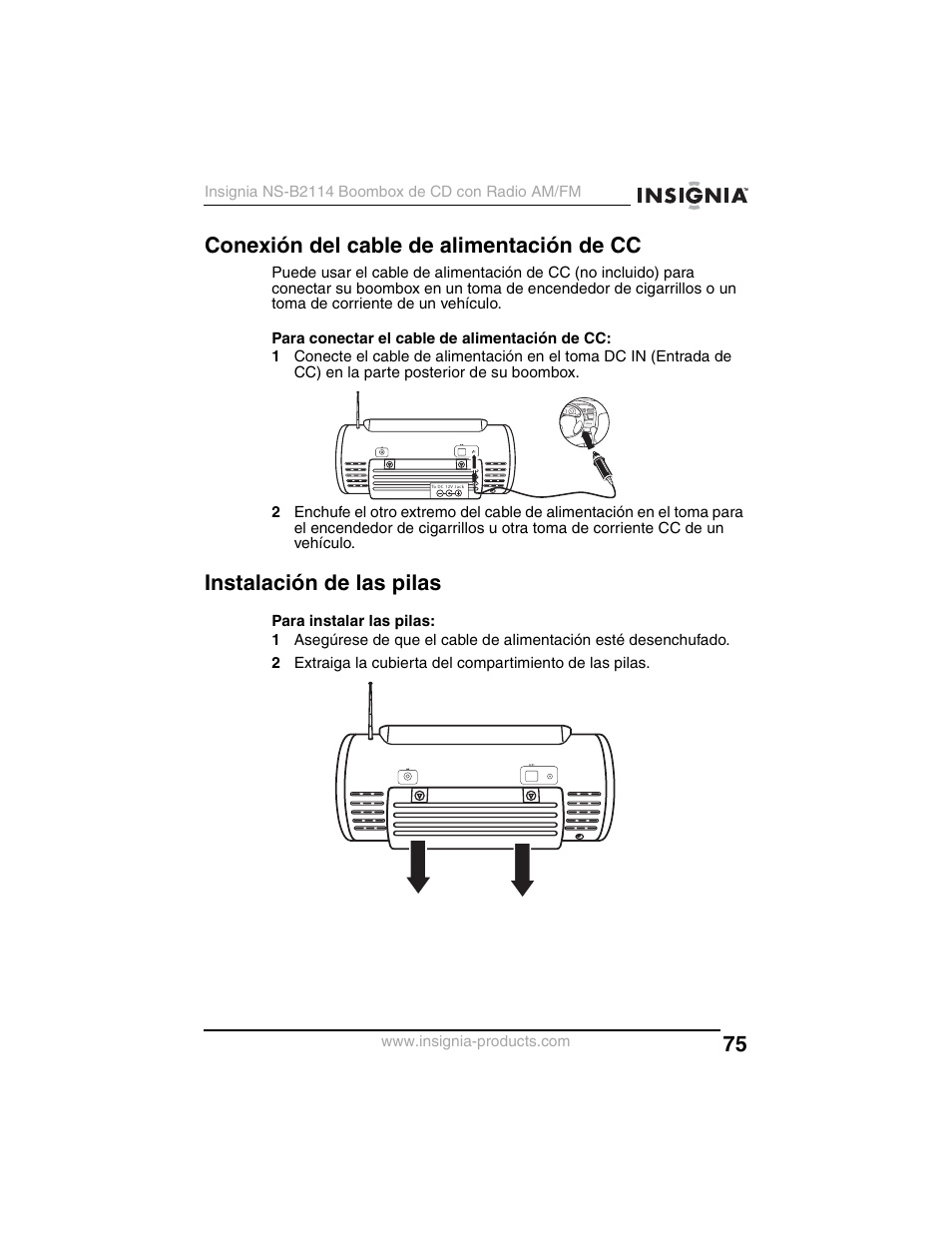 Conexión del cable de alimentación de cc, Instalación de las pilas | Insignia NS-B2114 User Manual | Page 75 / 98