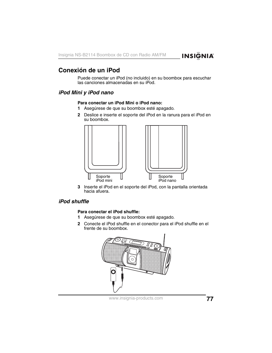 Conexión de un ipod, Ipod mini y ipod nano, Ipod shuffle | Insignia NS-B2114 User Manual | Page 77 / 98
