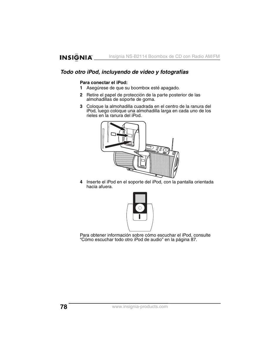 Todo otro ipod, incluyendo de video y fotografías | Insignia NS-B2114 User Manual | Page 78 / 98