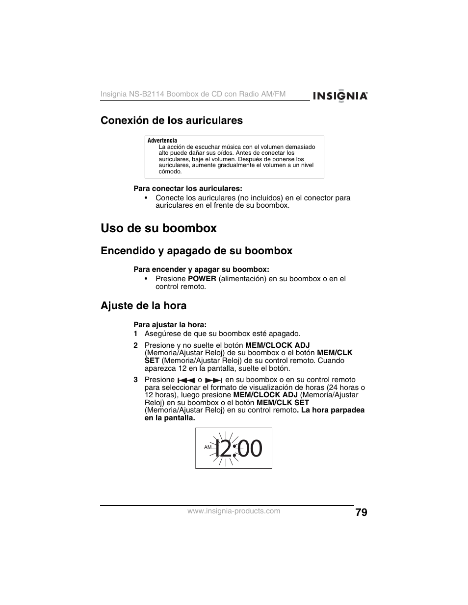 I2:00, Uso de su boombox, Conexión de los auriculares | Encendido y apagado de su boombox, Ajuste de la hora | Insignia NS-B2114 User Manual | Page 79 / 98