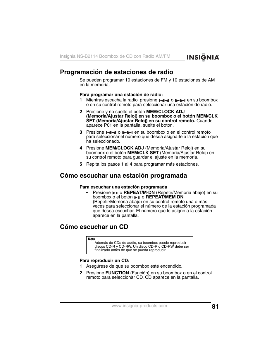 Programación de estaciones de radio, Cómo escuchar una estación programada, Cómo escuchar un cd | Insignia NS-B2114 User Manual | Page 81 / 98