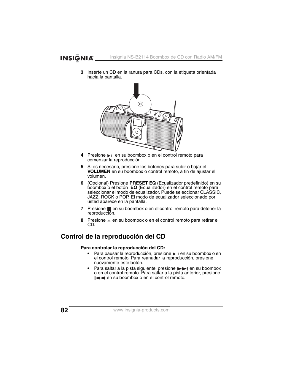 Control de la reproducción del cd | Insignia NS-B2114 User Manual | Page 82 / 98