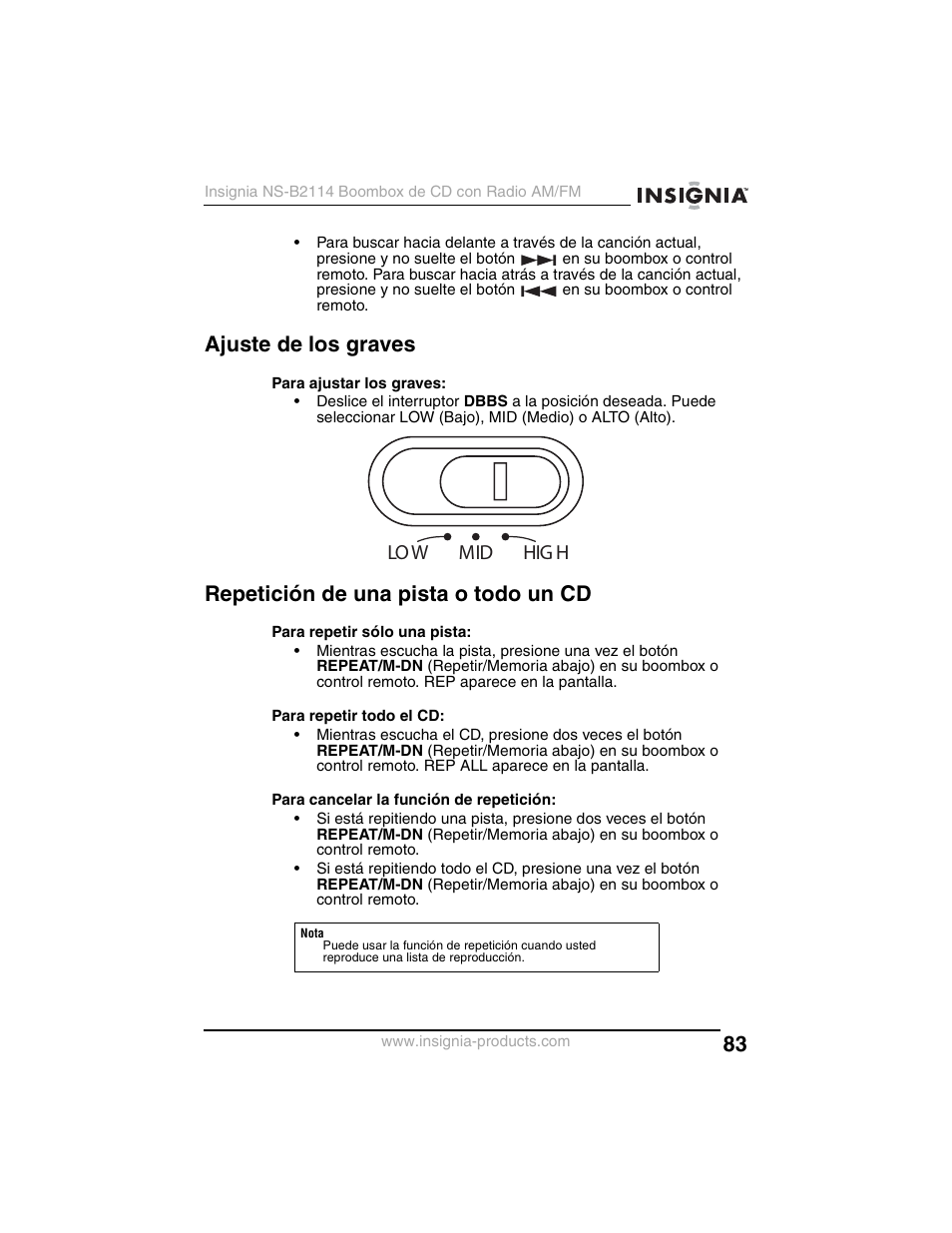 Ajuste de los graves, Repetición de una pista o todo un cd, Low mid hig h | Insignia NS-B2114 User Manual | Page 83 / 98