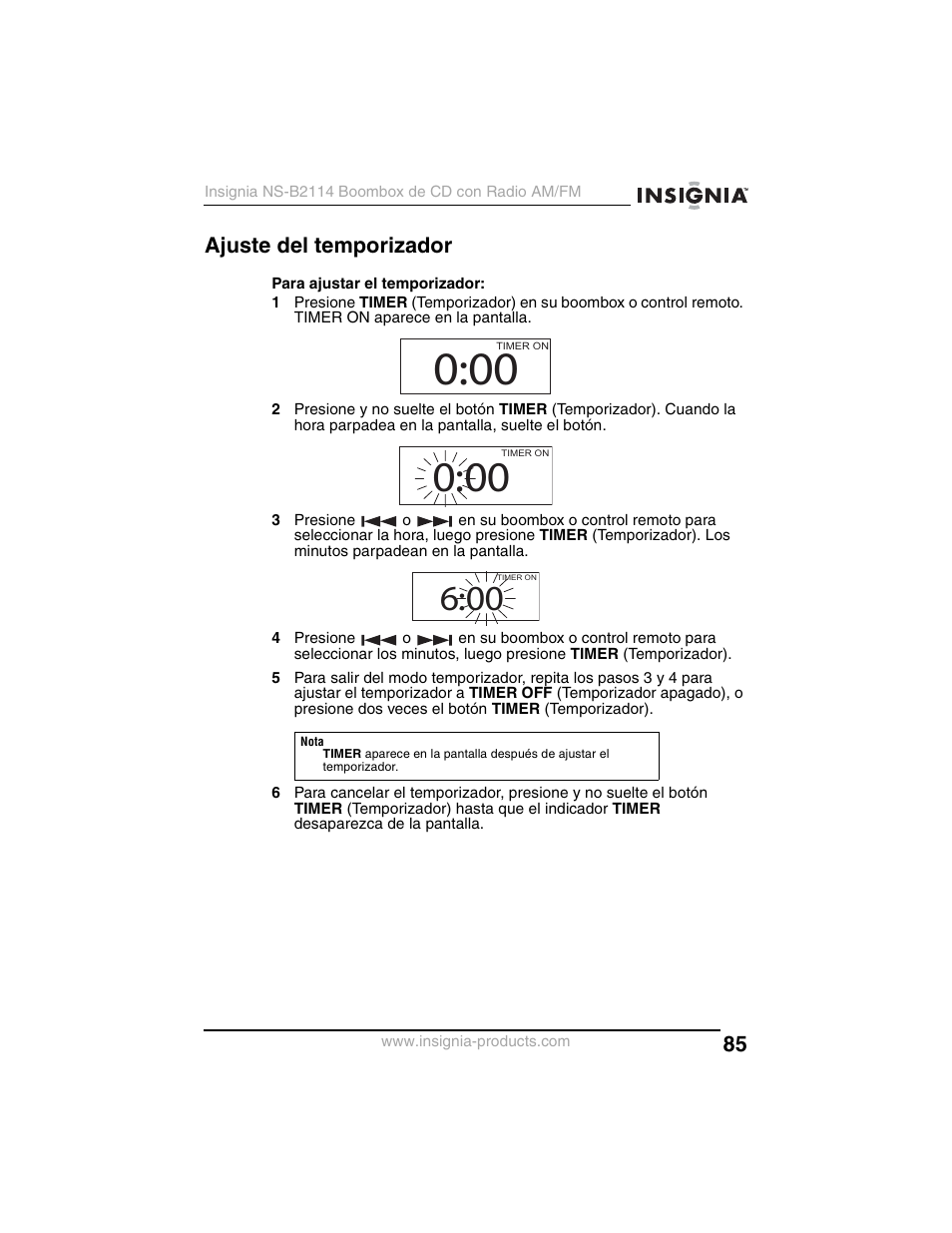 Ajuste del temporizador | Insignia NS-B2114 User Manual | Page 85 / 98