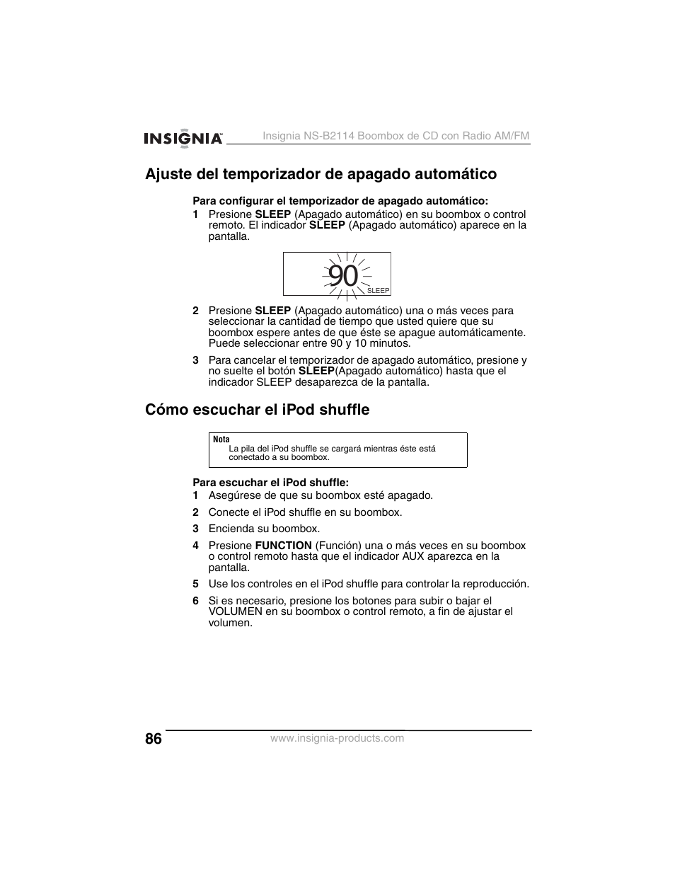 Ajuste del temporizador de apagado automático, Cómo escuchar el ipod shuffle | Insignia NS-B2114 User Manual | Page 86 / 98