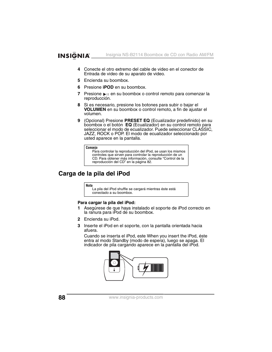 Carga de la pila del ipod | Insignia NS-B2114 User Manual | Page 88 / 98