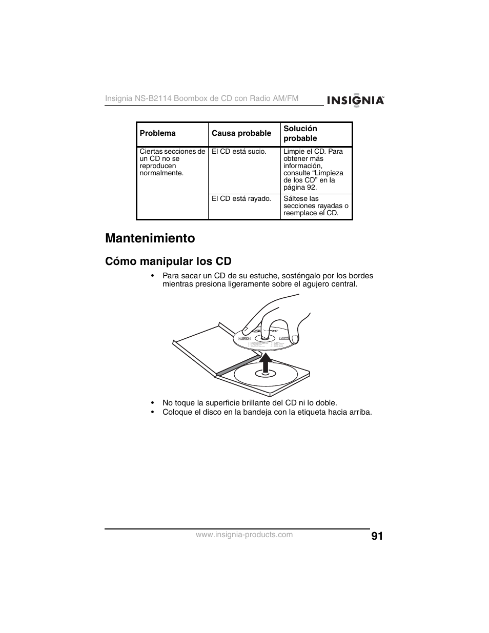 Mantenimiento, Cómo manipular los cd | Insignia NS-B2114 User Manual | Page 91 / 98