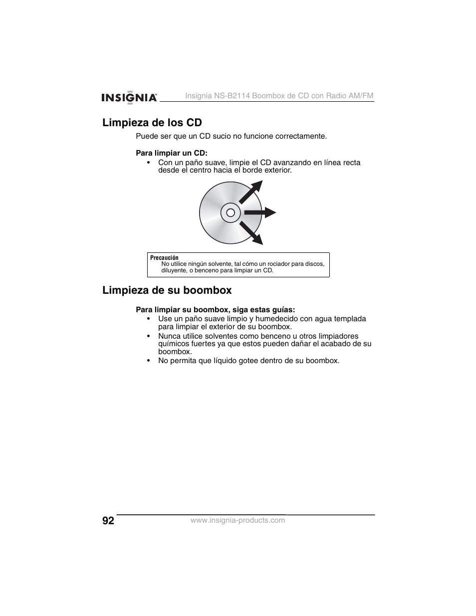 Limpieza de los cd, Limpieza de su boombox | Insignia NS-B2114 User Manual | Page 92 / 98