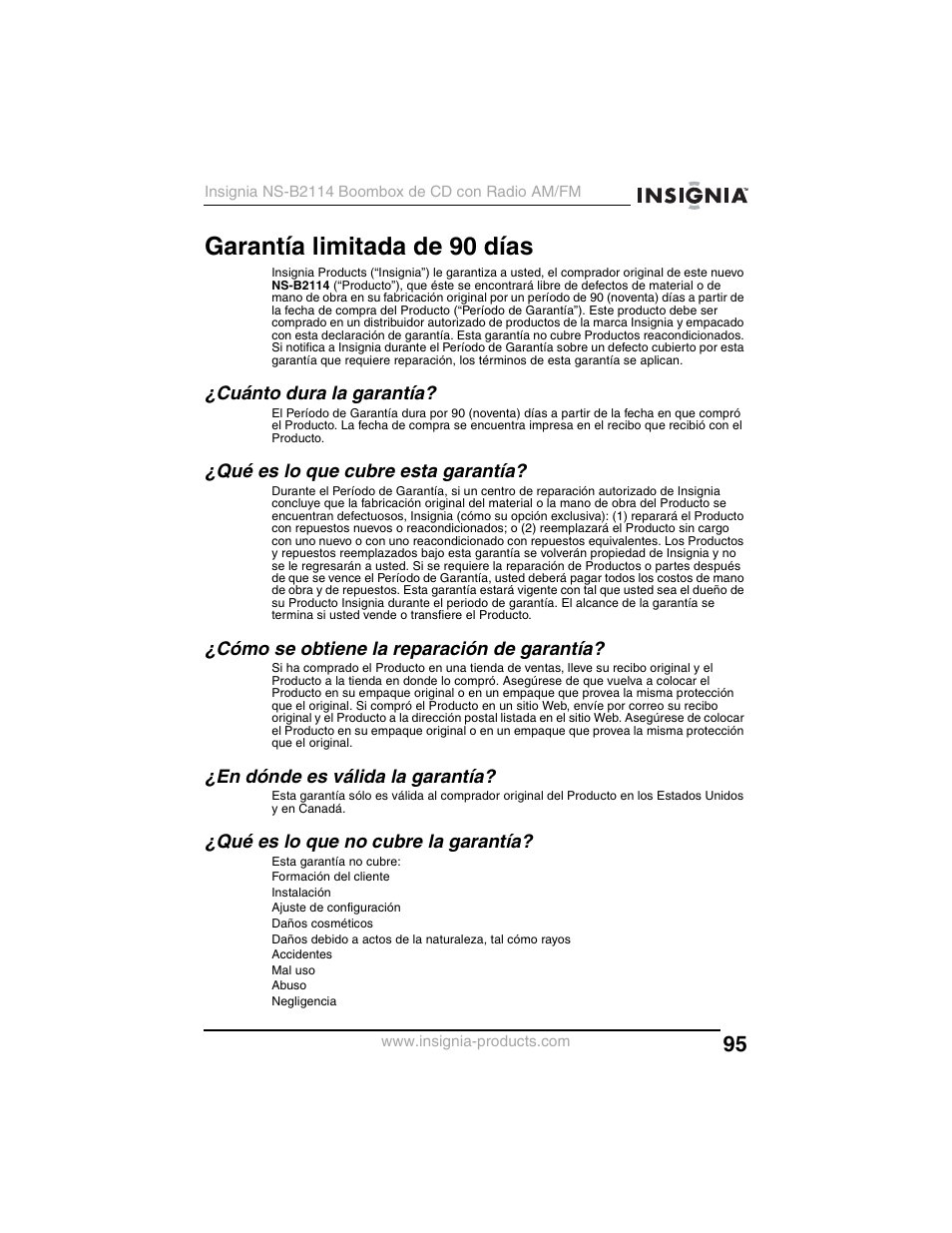 Garantía limitada de 90 días | Insignia NS-B2114 User Manual | Page 95 / 98