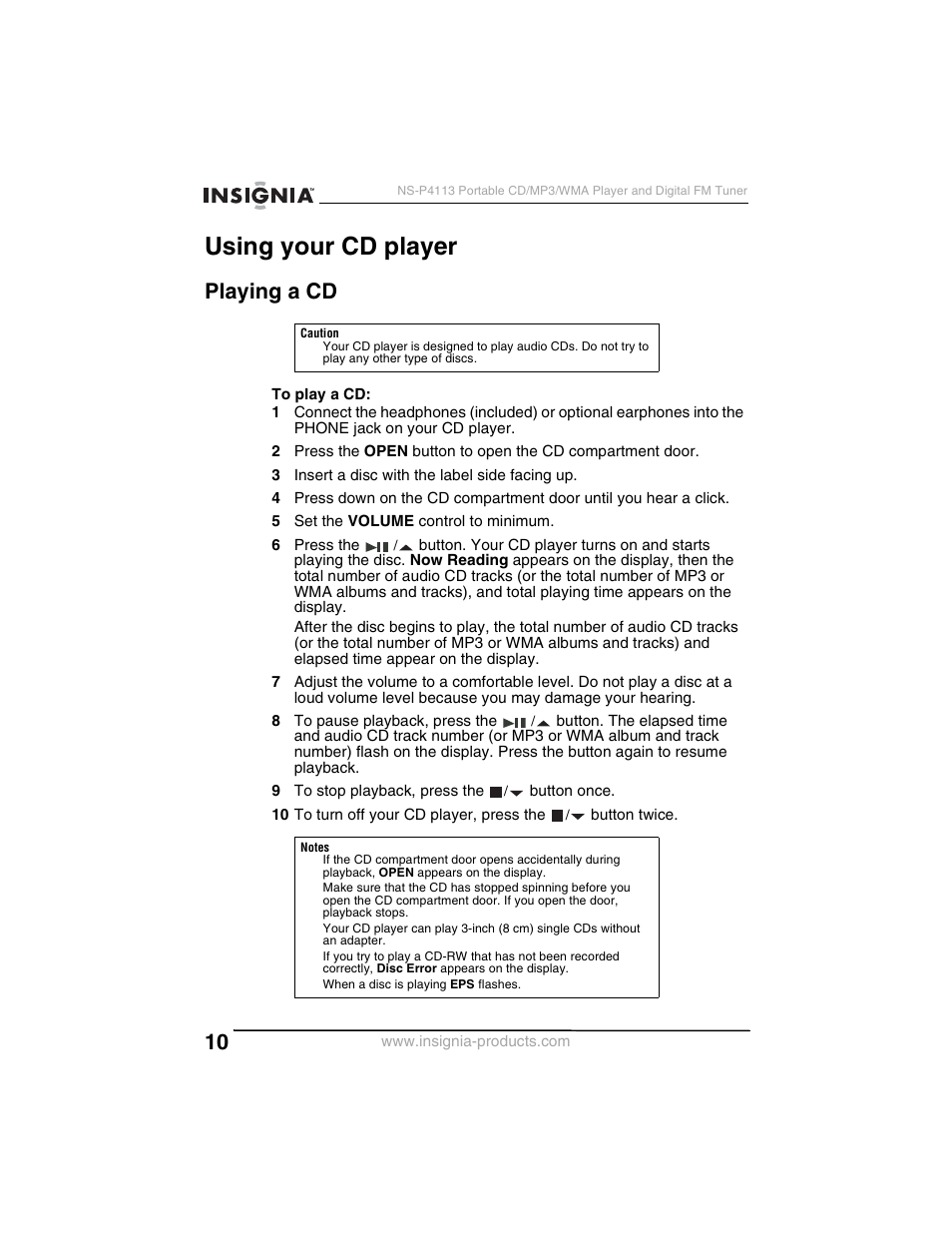 Using your cd player, Playing a cd | Insignia NS-P4113 User Manual | Page 10 / 80