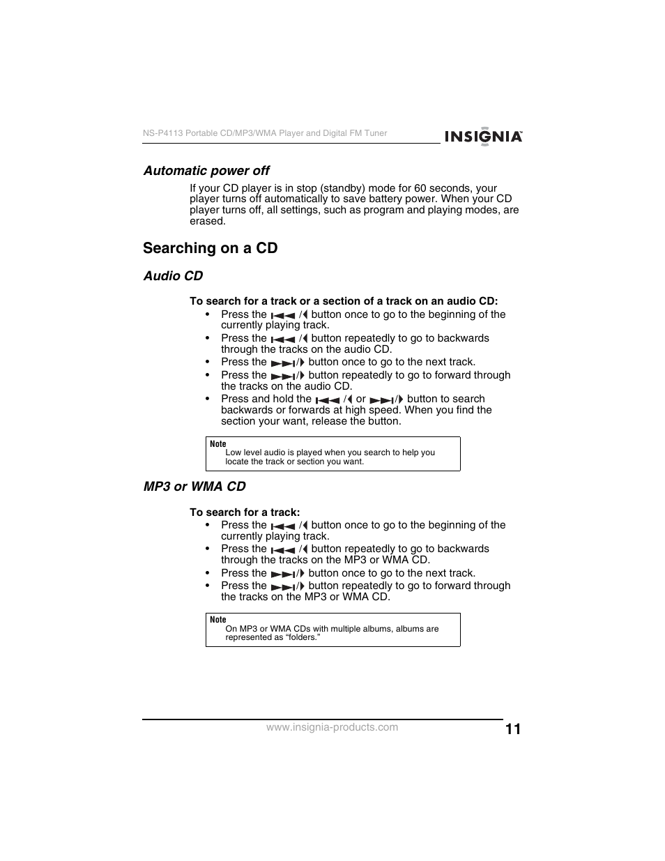 Searching on a cd, Automatic power off, Audio cd | Mp3 or wma cd | Insignia NS-P4113 User Manual | Page 11 / 80