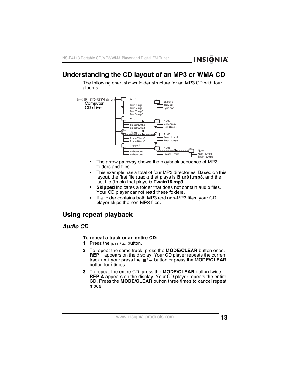Understanding the cd layout of an mp3 or wma cd, Using repeat playback, Audio cd | Insignia NS-P4113 User Manual | Page 13 / 80