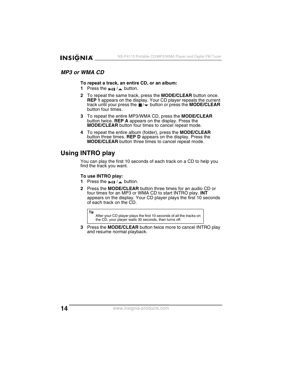 Using intro play, Mp3 or wma cd | Insignia NS-P4113 User Manual | Page 14 / 80