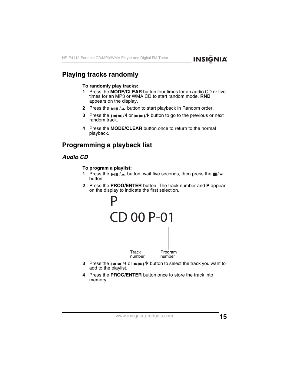 Playing tracks randomly, Programming a playback list, Audio cd | Insignia NS-P4113 User Manual | Page 15 / 80