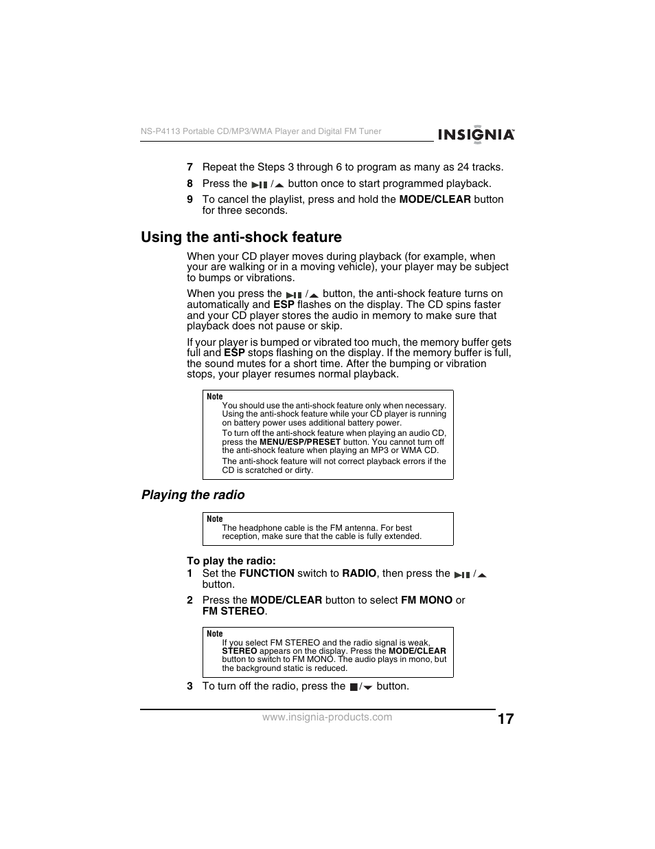 Using the anti-shock feature, Playing the radio | Insignia NS-P4113 User Manual | Page 17 / 80