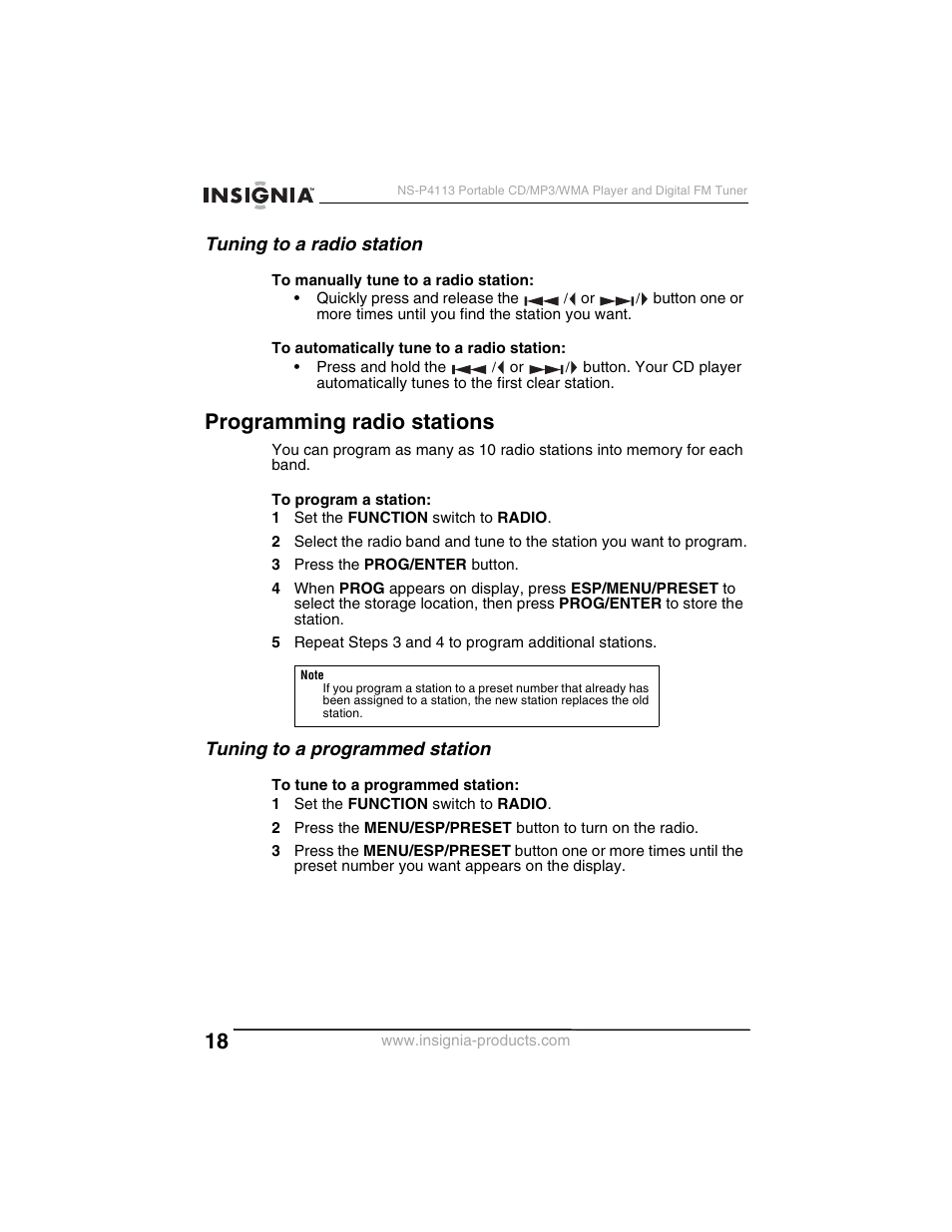 Programming radio stations, Tuning to a radio station, Tuning to a programmed station | Insignia NS-P4113 User Manual | Page 18 / 80