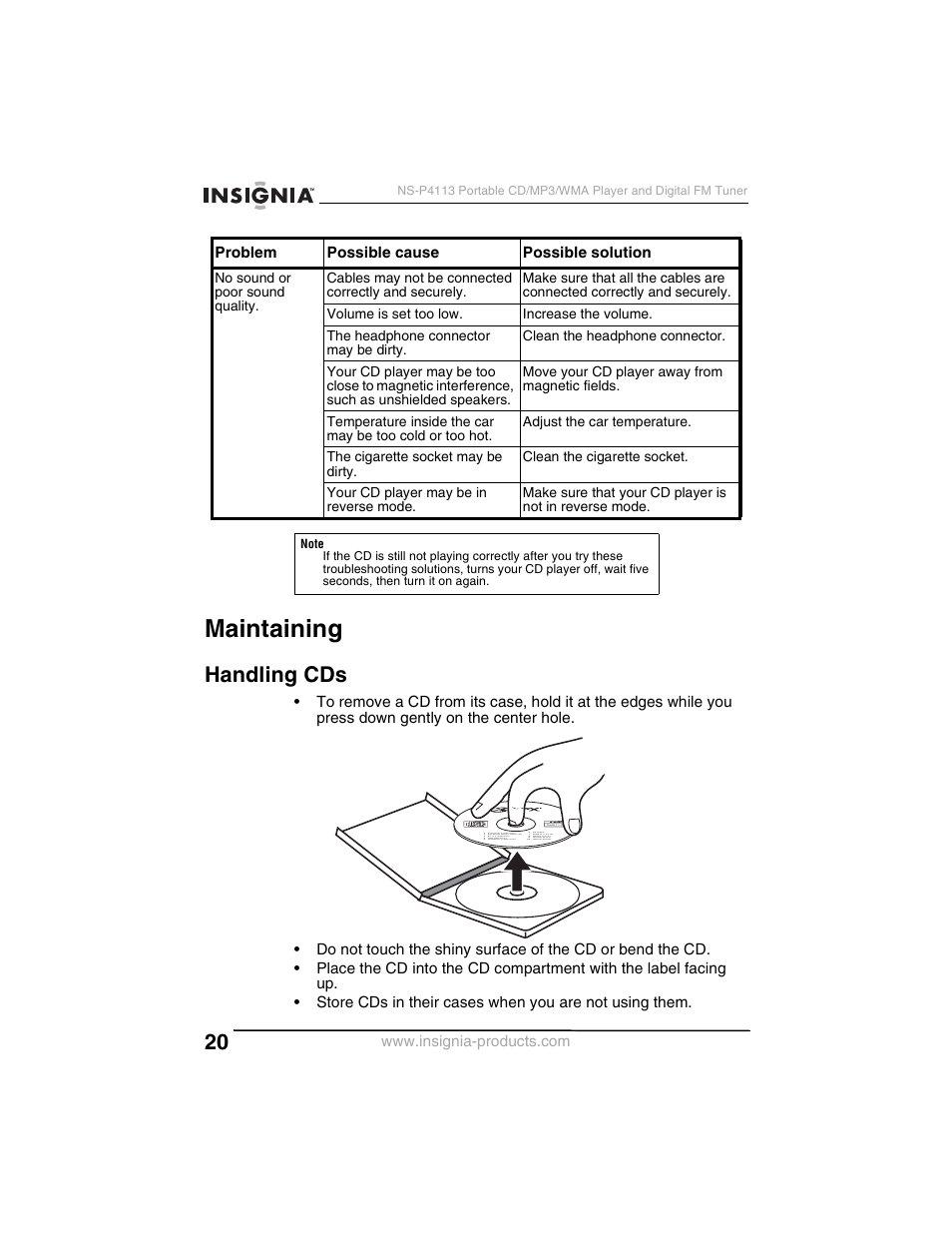 Maintaining, Handling cds | Insignia NS-P4113 User Manual | Page 20 / 80