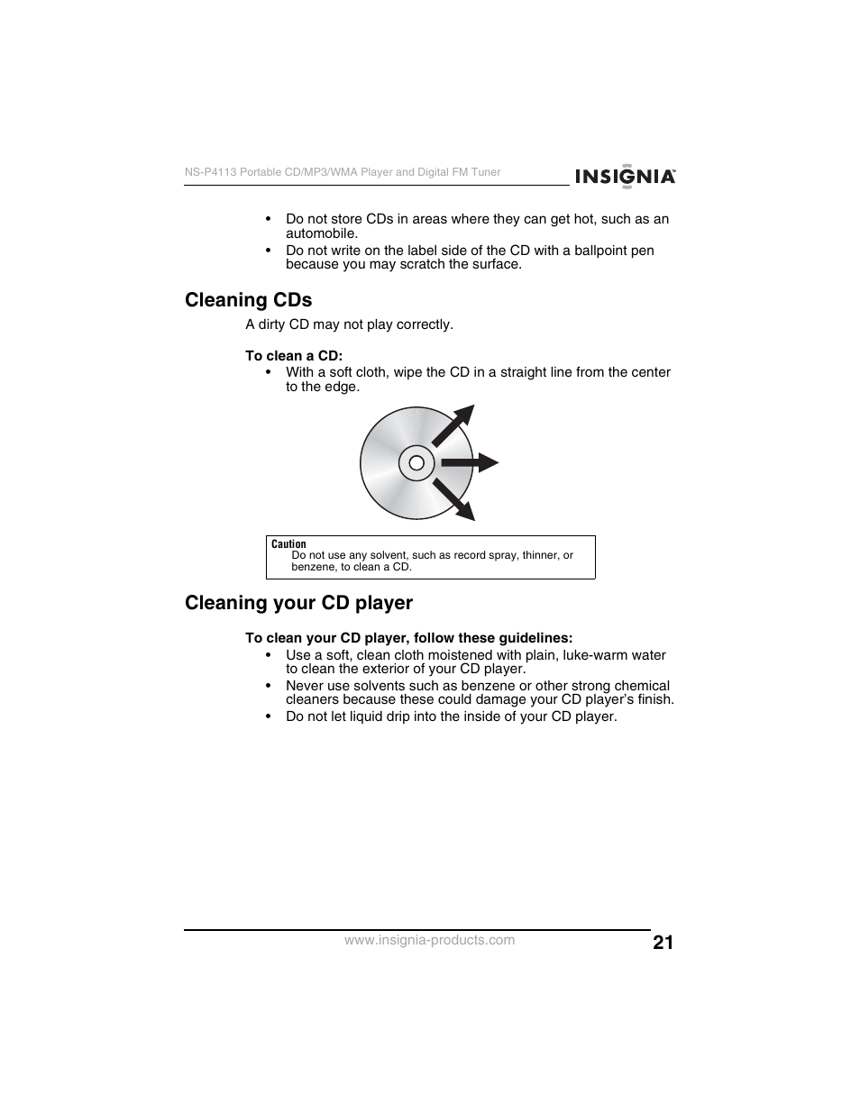 Cleaning cds, Cleaning your cd player | Insignia NS-P4113 User Manual | Page 21 / 80