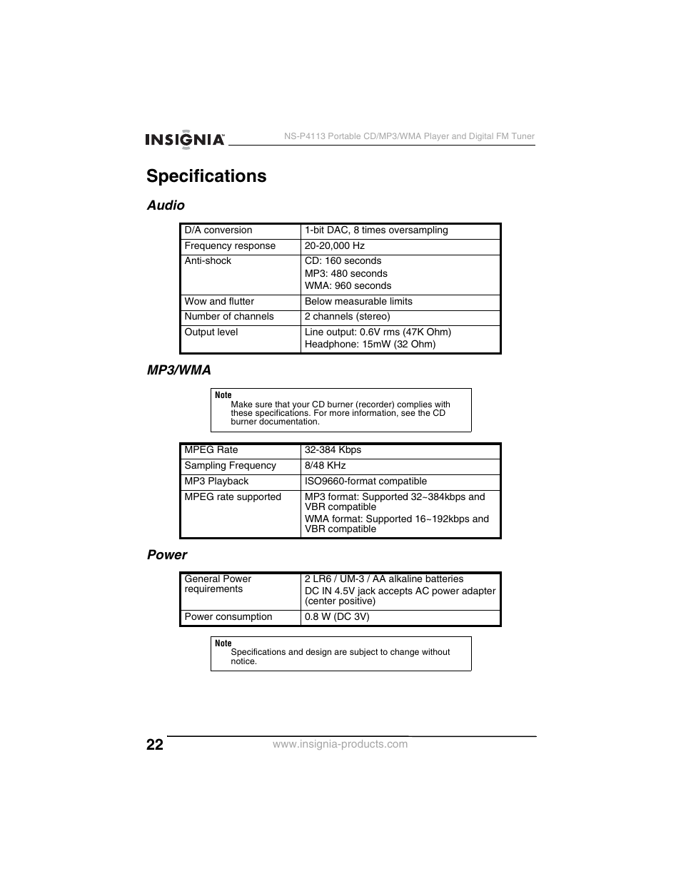 Specifications, Audio mp3/wma power | Insignia NS-P4113 User Manual | Page 22 / 80