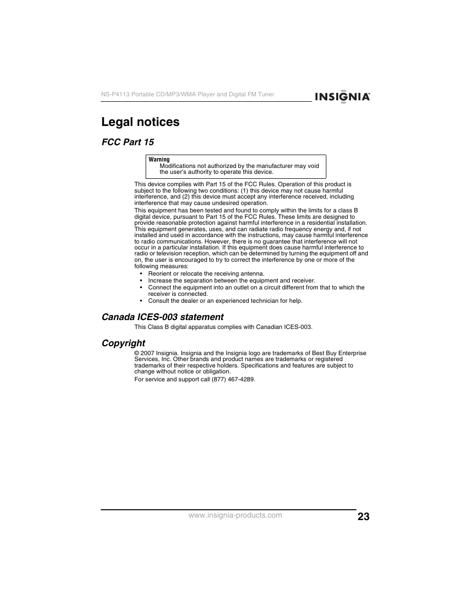 Legal notices, Fcc part 15, Canada ices-003 statement | Copyright | Insignia NS-P4113 User Manual | Page 23 / 80