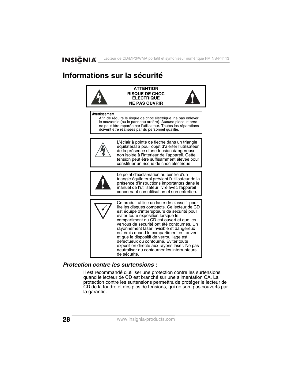 Informations sur la sécurité, Protection contre les surtensions | Insignia NS-P4113 User Manual | Page 28 / 80