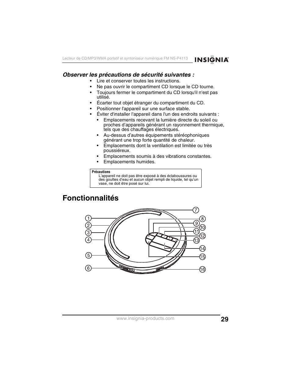 Fonctionnalités, Observer les précautions de sécurité suivantes | Insignia NS-P4113 User Manual | Page 29 / 80