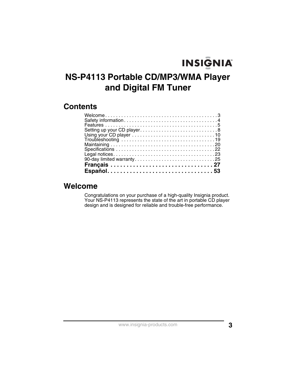 Insignia NS-P4113 User Manual | Page 3 / 80