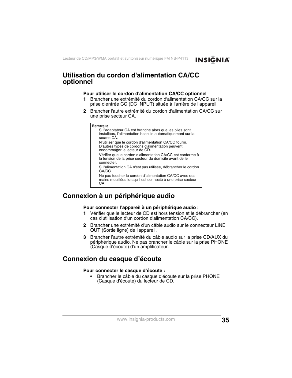 Connexion à un périphérique audio, Connexion du casque d’écoute | Insignia NS-P4113 User Manual | Page 35 / 80
