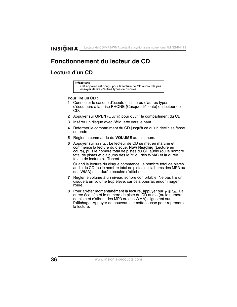 Fonctionnement du lecteur de cd, Lecture d’un cd | Insignia NS-P4113 User Manual | Page 36 / 80