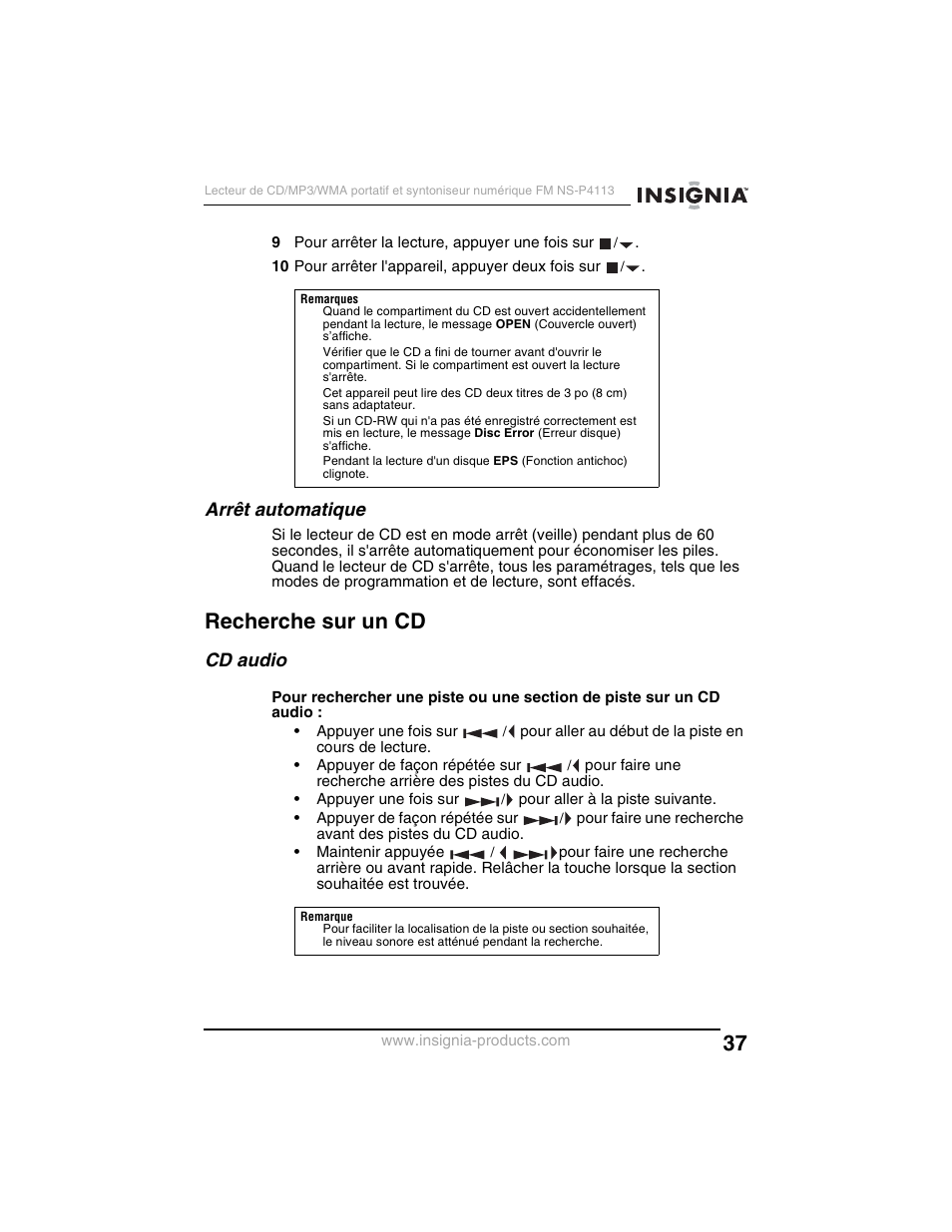 Recherche sur un cd, Arrêt automatique, Cd audio | Insignia NS-P4113 User Manual | Page 37 / 80