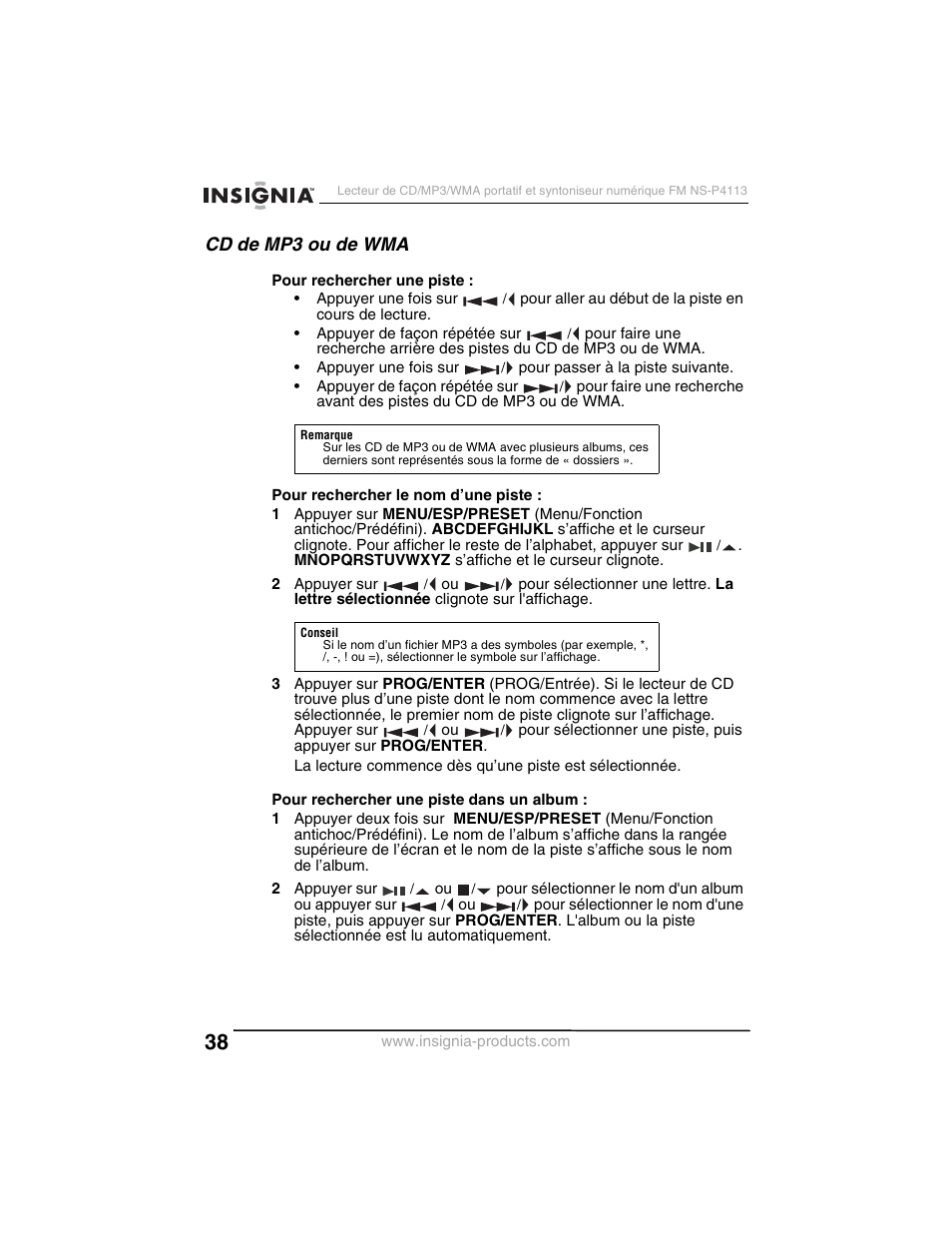 Cd de mp3 ou de wma | Insignia NS-P4113 User Manual | Page 38 / 80