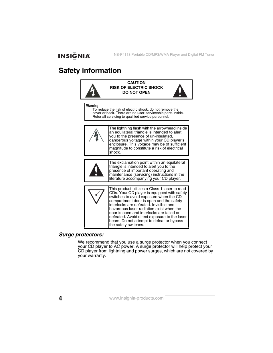 Safety information, Surge protectors | Insignia NS-P4113 User Manual | Page 4 / 80