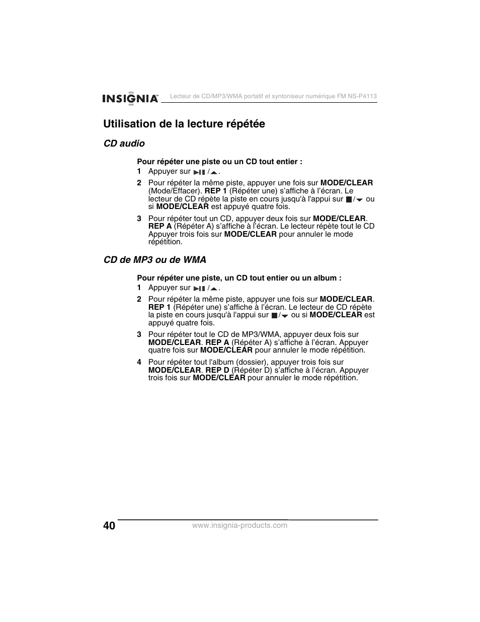 Utilisation de la lecture répétée, Cd audio, Cd de mp3 ou de wma | Insignia NS-P4113 User Manual | Page 40 / 80