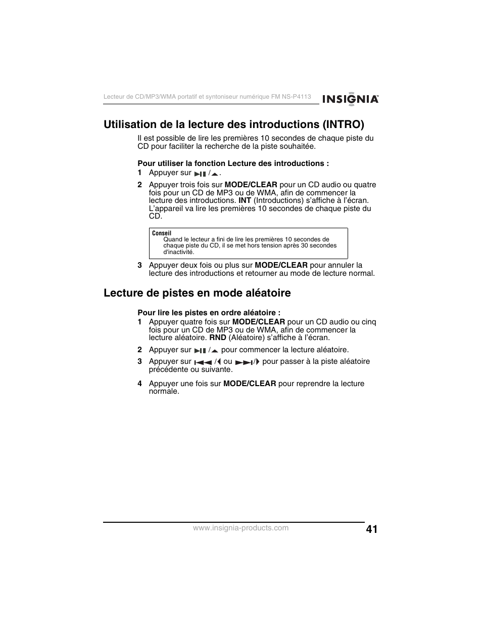 Lecture de pistes en mode aléatoire | Insignia NS-P4113 User Manual | Page 41 / 80